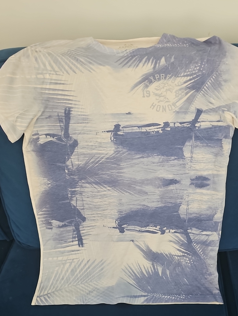 Express White Tee with Light Blue Tropical Boat Print